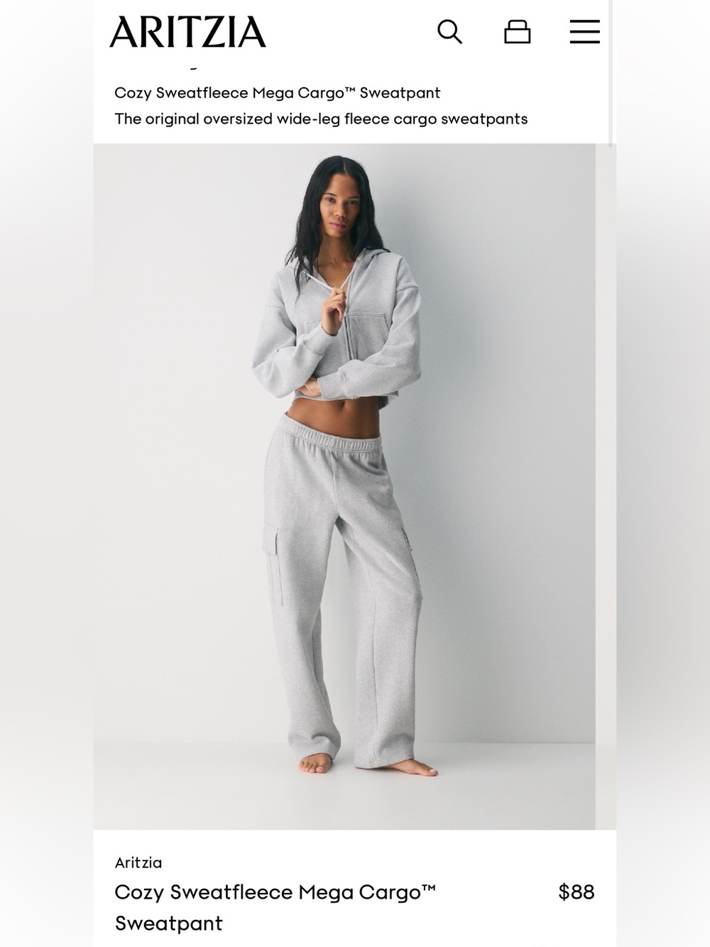 ARITZIA TNA Wide-Leg Terry Fleece Mega Fit Cargo Sweatpants - Light Gray, XXS